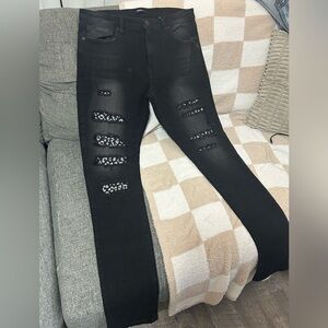 NOVO MEN Black Distressed Jeans with Leopard Print Accents